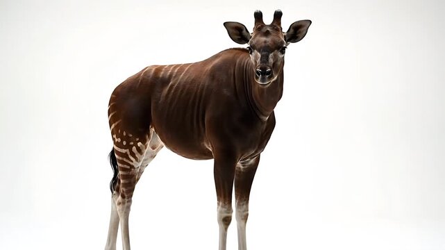 A striking okapi, standing and facing the camera