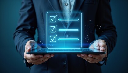 Fototapeta premium Man holding laptop with virtual checklist. Business survey or online task management. Digital completion and achievement concept.