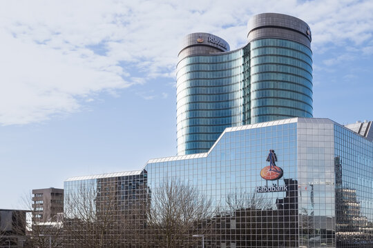 Utrecht, Netherlands, March 1, 2026; Two modern, glass-clad towers of Rabobank headquarters in Utrecht.