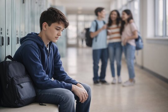 Sad Teenage Boy Sitting Alone in School Hallway Bullying and Social Isolation Concept