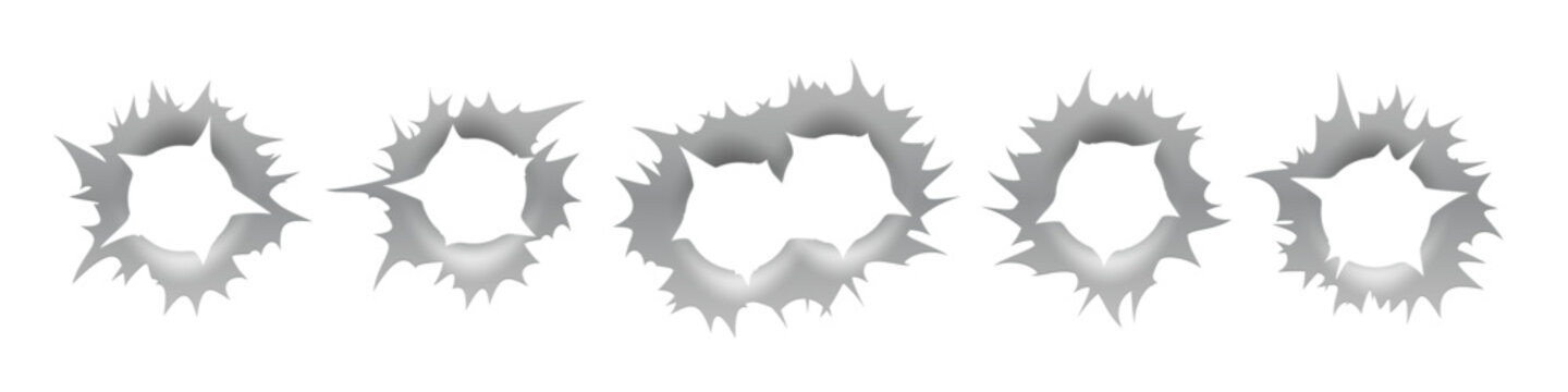 Bullet hole gun mark effects set. Dark impact shapes with torn edges and metallic shading on white background with damage textures. Detailed realistic vector illustration.