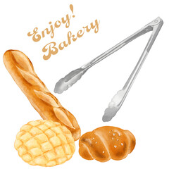トングとパン3種のリアルなイラスト