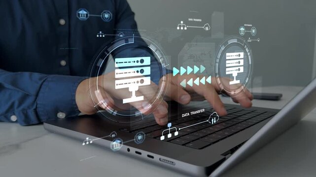 Secure data transfer to server or hosting service. Modern cloud connection with encrypted network system, reliable infrastructure and fast digital file exchange technology for safe storage and communi