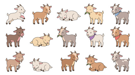 Fototapeta premium Cute cartoon baby goat vector set collection. Various poses of little farm animals standing, sleeping, jumping, and eating. Adorable livestock illustration design elements.