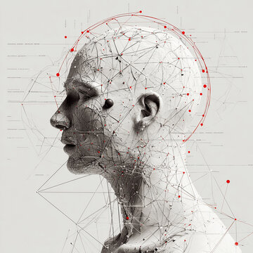 Abstract Artificial Intelligence: Futuristic Neural Network Head Silhouette in Digital Art and Geometry