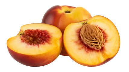 Fresh peaches with two halves and pit fruit isolated on a transparent background