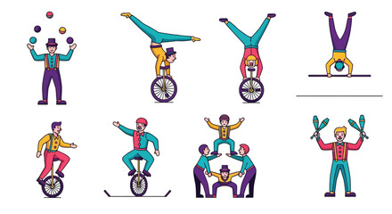 Colorful illustration of diverse circus performers and acrobatic acts © pranto Desgin