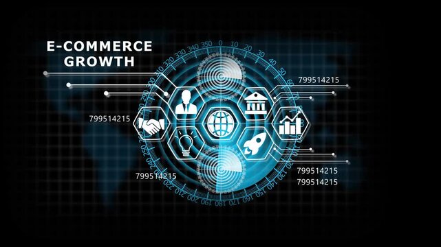 "E-COMMERCE GROWTH" Lifecycle on Futuristic Radar Technology Background. Business, Technology, Internet and network concept. 4k animation video