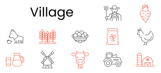 Village set icon. Outline pictograms, farmer pitchfork, root vegetable, farm animal, wheat plants, egg basket, jar leaf, chicken, milk glass, milk jug, windmill, cow head, tractor, barn silo. © Кирилл Макаров