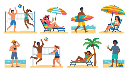 People enjoying a sunny day at the beach with volleyball and relaxation © pranto Desgin