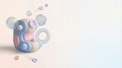Pastel 3D abstract geometric composition with playful bubbles and copy space