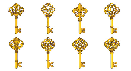 Ornate golden keys and fleur de lis designs arranged in a symmetrical pattern © pranto Desgin