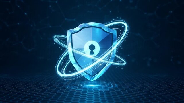 Abstract digital security shield with glowing orbits and keyhole