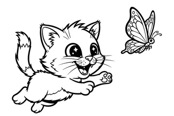 Obraz premium Cartoon black and white cat chasing butterfly in playful pose on white background 