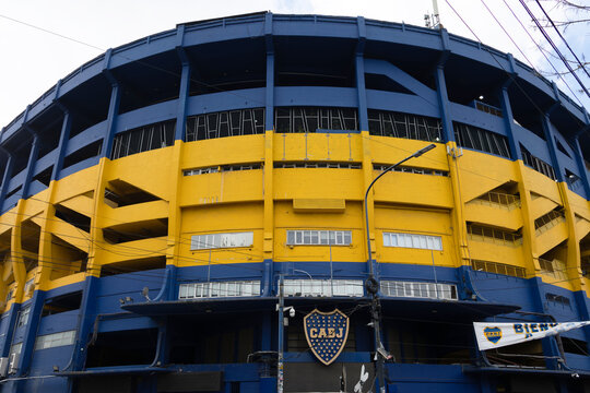Iconic La Bombonera stadium facade, home of Boca Juniors. 