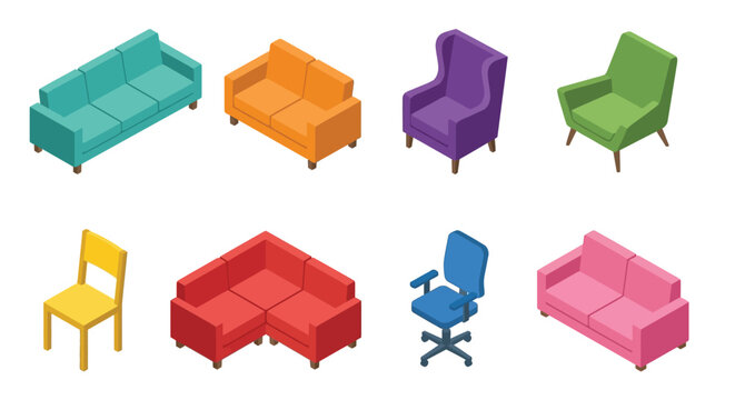 Isometric illustration of colorful sofas armchairs and chairs