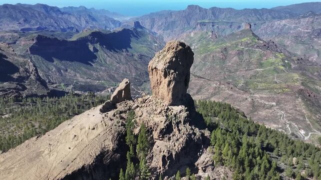 Aerial view of Caldera de Tejeda and Roque Nublo, Tejeda, Gran Canaria, Canary Islands, Spain