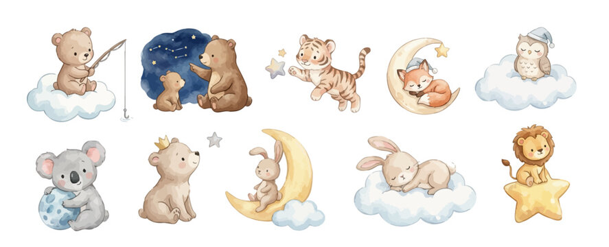 Watercolor nursery clipart with cute animals on moon and clouds, stars and constellations. Collection of Vector illustrations. Perfect for invitation, card, poster, banner, decoration