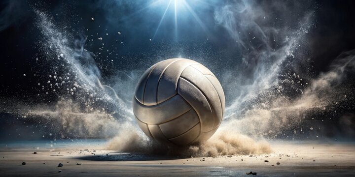 Dynamic Volleyball Action Shot  A sphere hurtling through a cloud of dust, creating a powerful and energetic visual