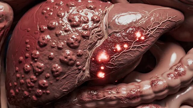 A medical visualization shows an inflamed liver with nodular cirrhosis. Glowing focal lesions are highlighted within the open abdominal anatomy.