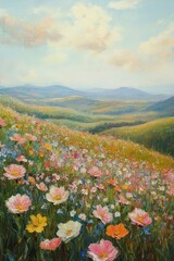 Fototapeta premium sunlit wildflower meadow on rolling hills with pastel clouds and distant blue mountains, peaceful and uplifting