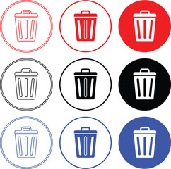 Set of modern trash bin icons in circles for website design and user interface elements