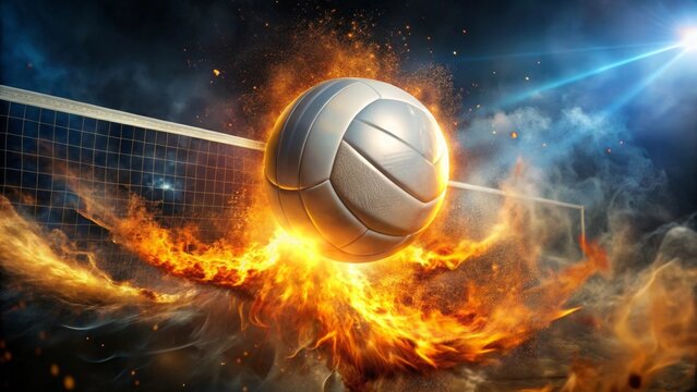 Fiery Volleyball Action  A blazing sphere hurtles towards the net, a dramatic display of intense athleticism and power.