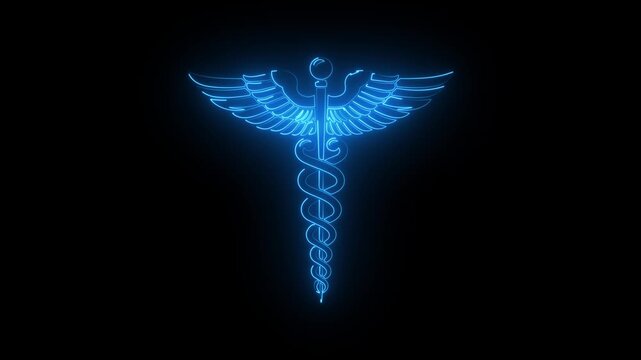 Blue Neon Caduceus Medical icon Glowing Healthcare Emblem with Wings on Dark Background.