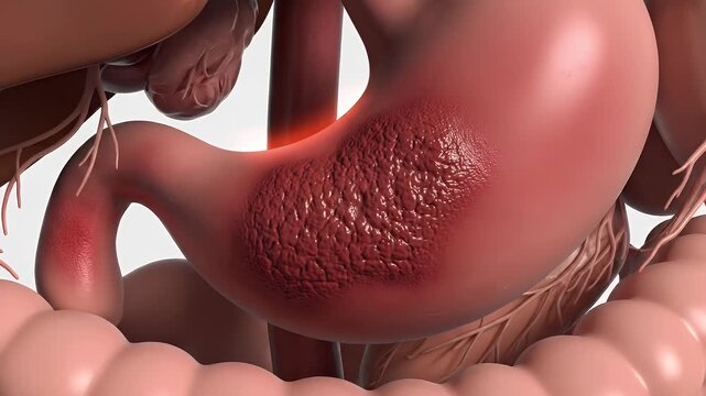 A detailed illustration of an inflamed stomach is shown, highlighting the digestive tract, small intestine, and large intestine.