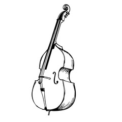 Artistic Double Bass Sketch on White: Hand-Drawn Ink Drawing of an Upright Bass with Textured Details, Perfect for Music and Creative Projects