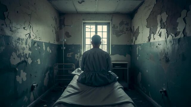 Man Sitting On Bed In Dilapidated Room With Peeling Blue Paint Walls Metal Bed Frame And Window Light