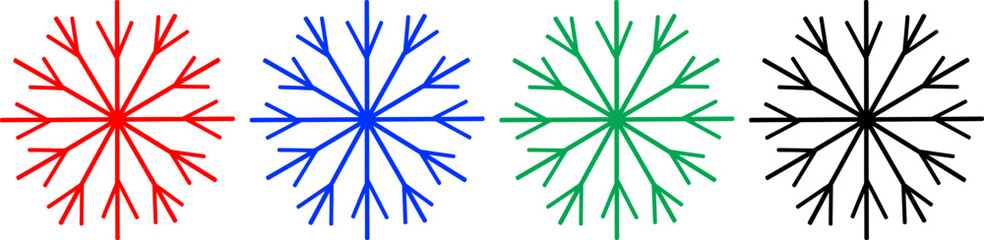 Snowflake icon set in red blue green and black colors isolated on transparent background for winter © Emongrapic