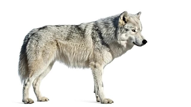 A majestic wolf standing in profile, showcasing its striking features 