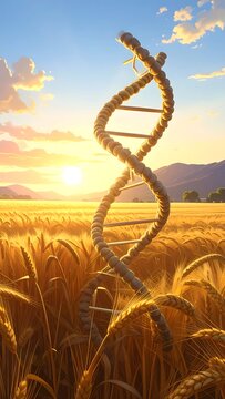 A giant DNA double helix standing in a golden wheat field