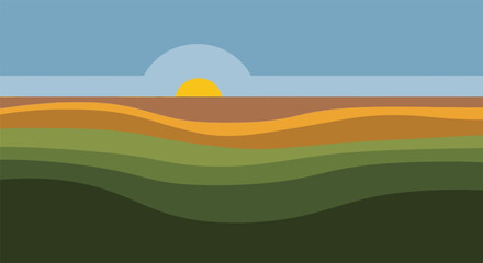 Fototapeta premium Sunset over rolling hills in serene landscape with warm orange and green hues in minimalist illustration for environmental awareness