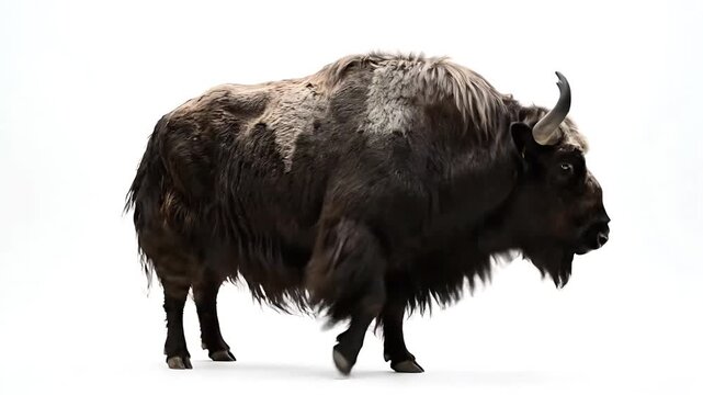 A magnificent yak isolated against a plain background, showcasing its shaggy fur and powerful build. The yak stands proudly