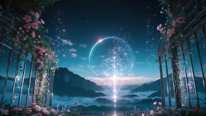 ゲーム背景　ガラスの満月の夜に輝く秘密の花園の門がある風景