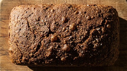 Crusty artisan whole grain rye bread loaf with seeds on rustic wooden surface in natural light