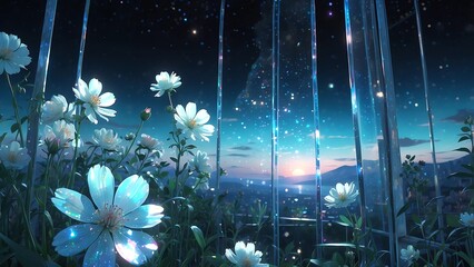 ゲーム背景　未来的な窓にプリズムの花びらなマーガレットが咲く幻想的風景