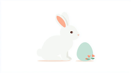 Fototapeta premium Cute white rabbit and a decorative egg. Ideal for Easter themes, spring festivities, and animal illustrations.
