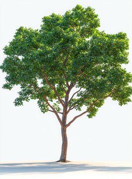 solitary green leafy broadleaf tree with spreading branches, textured trunk and long sunlit shadow on a bright white background, calm and serene feeling
