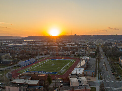 Aerial view of the stadium bathed in the warm glow of the setting sun, Cincinnati, Ohio, United States.