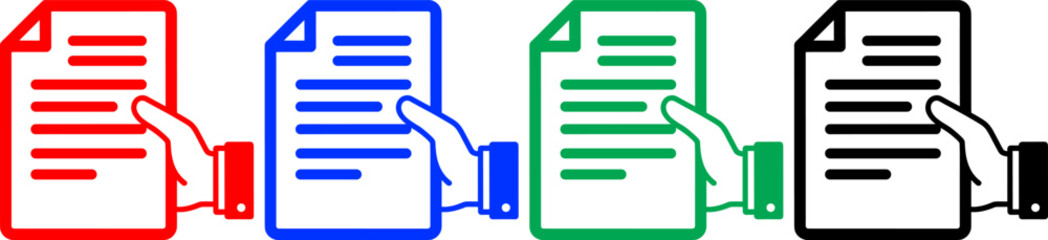 Document in hand icons in red, blue, green, and black, concept for legal paperwork vector set