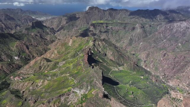 Aerial view of Caldera de Tejeda and Roque Bentayga, Tejeda, Gran Canaria, Canary Islands, Spain