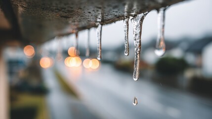 Naklejka premium Melting Icicles Drip From Roof Edge in Neighborhood During Winter Season, Captures Cold Weather Conditions and Residential Setting