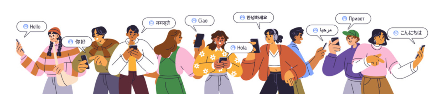 Language translate, multilingual communication service in mobile phone app. People with smartphone, translation application, hello greeting. Flat vector illustration isolated on white background