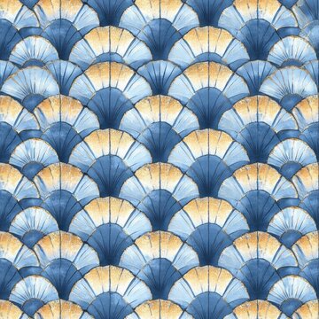 repeating overlapping scallop fan pattern of blue and gold textured semicircular shells with brushstroke detail conveying an elegant calming rhythm