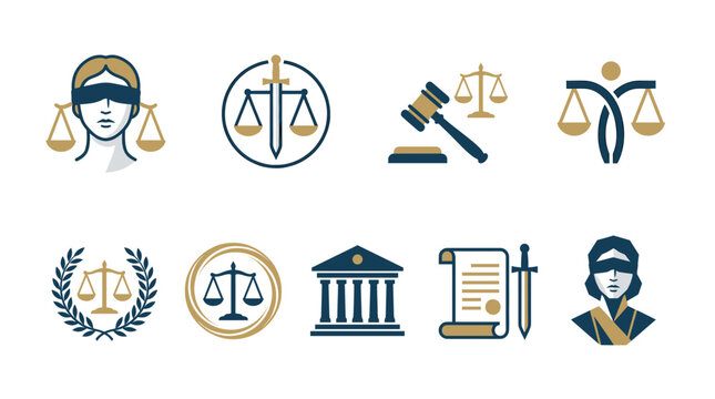 Premium law and legal icon set featuring Lady Justice vector scales gavel courthouse and document symbols in elegant blue and gold colors for attorney court or judicial design