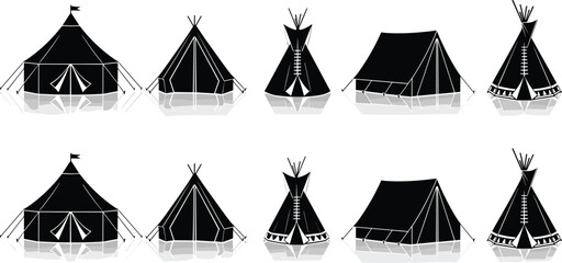 Native American teepee tent silhouettes set, traditional tribal tipi camp icons isolated on white background for cultural, outdoor, and historical design projects © SHAHARIAR
