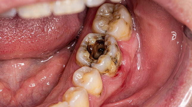 Close-up of decayed molar tooth inside mouth